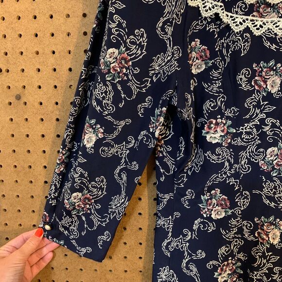 Vintage Dress 80s Victoria Ashley Lace Collar Button Front Floral Drop Waist - Picture 9 of 11